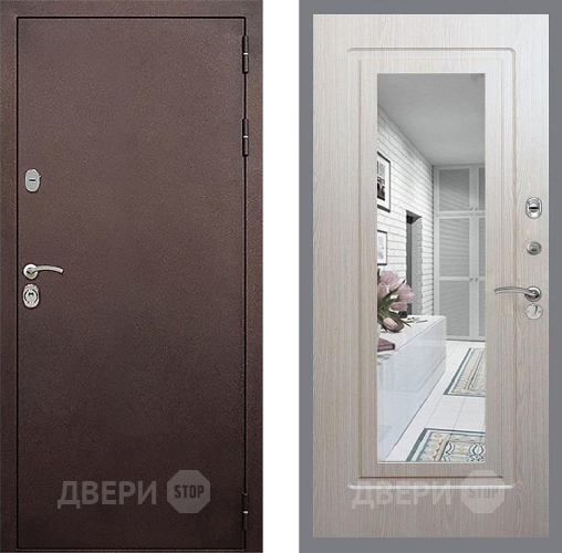 Входная металлическая Дверь Стоп КЛАССИК Медь Зеркало ФЛ-120 Беленый дуб в Луховицах